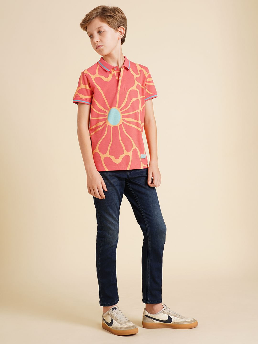 Boys Pink Printed Cotton Polo