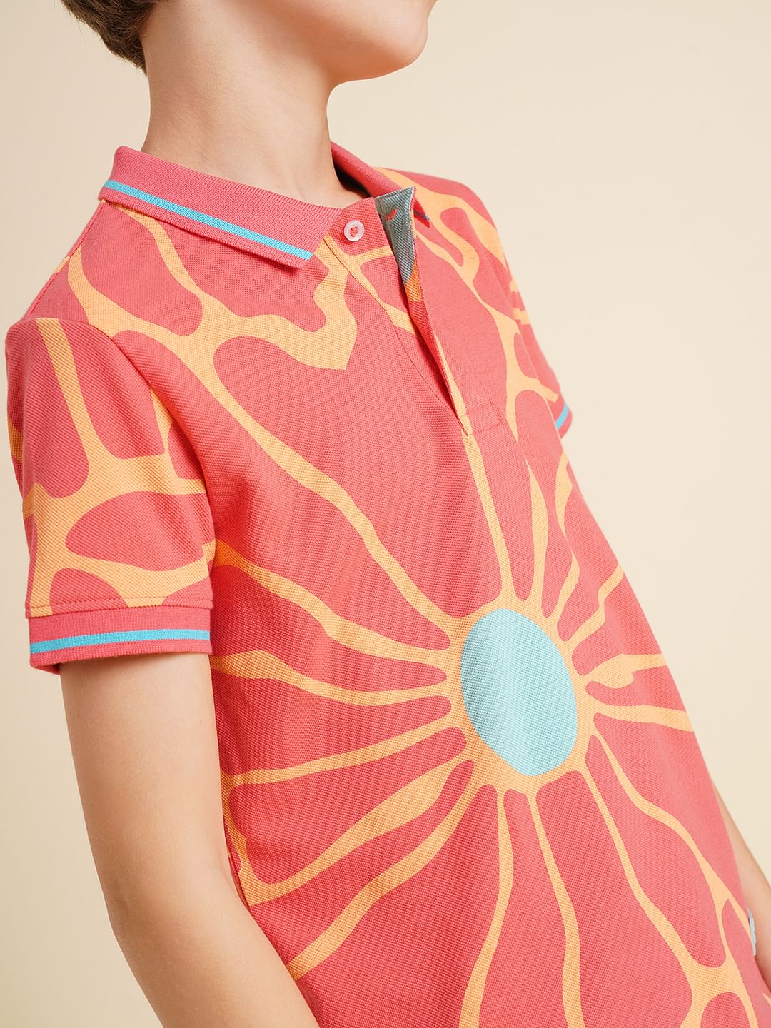 Boys Pink Printed Cotton Polo