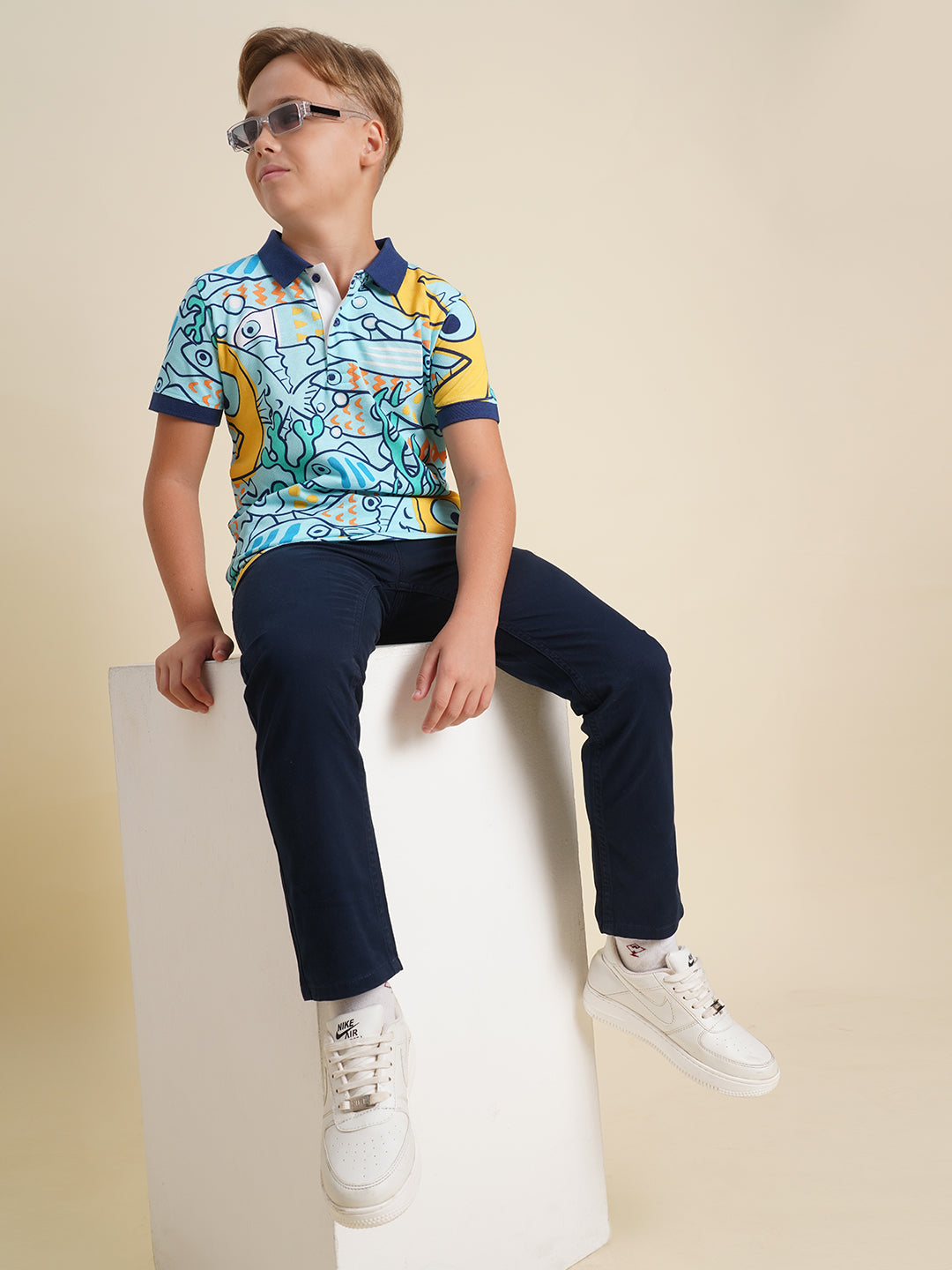 Boys Blue Fish Printed Polo