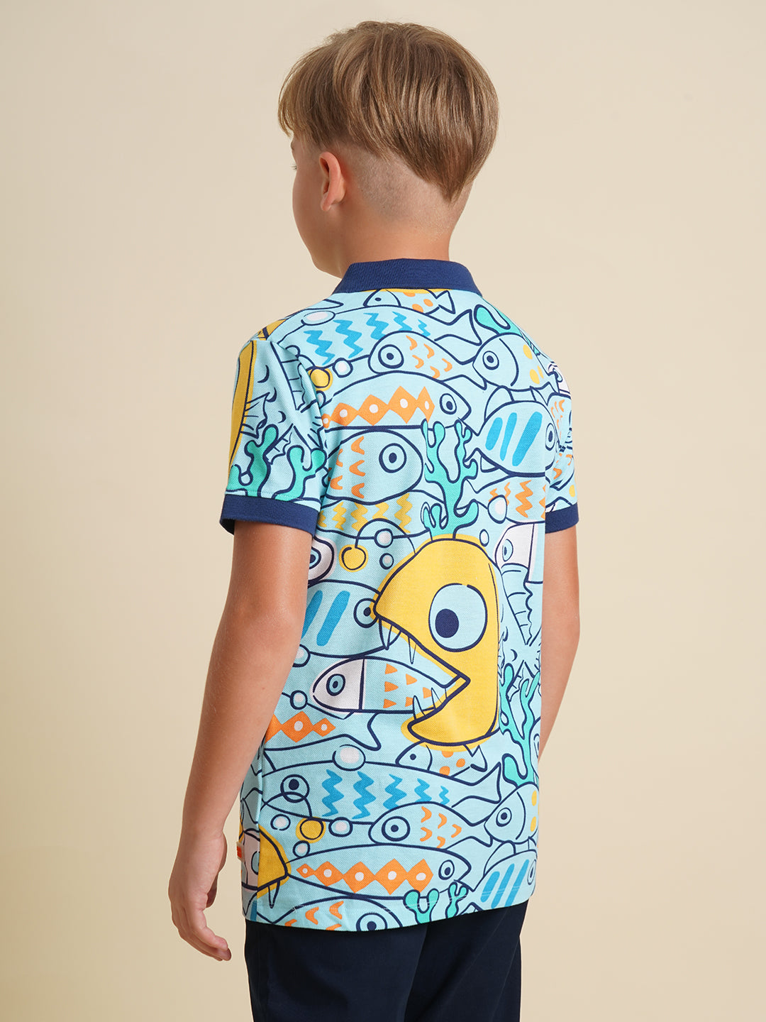 Boys Blue Fish Printed Polo