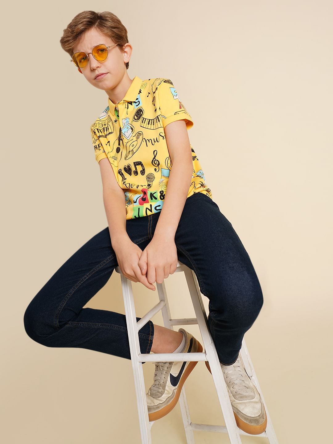 Boys Yellow Printed Cotton Polo