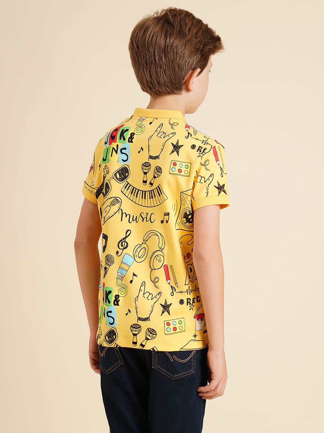Boys Yellow Printed Cotton Polo