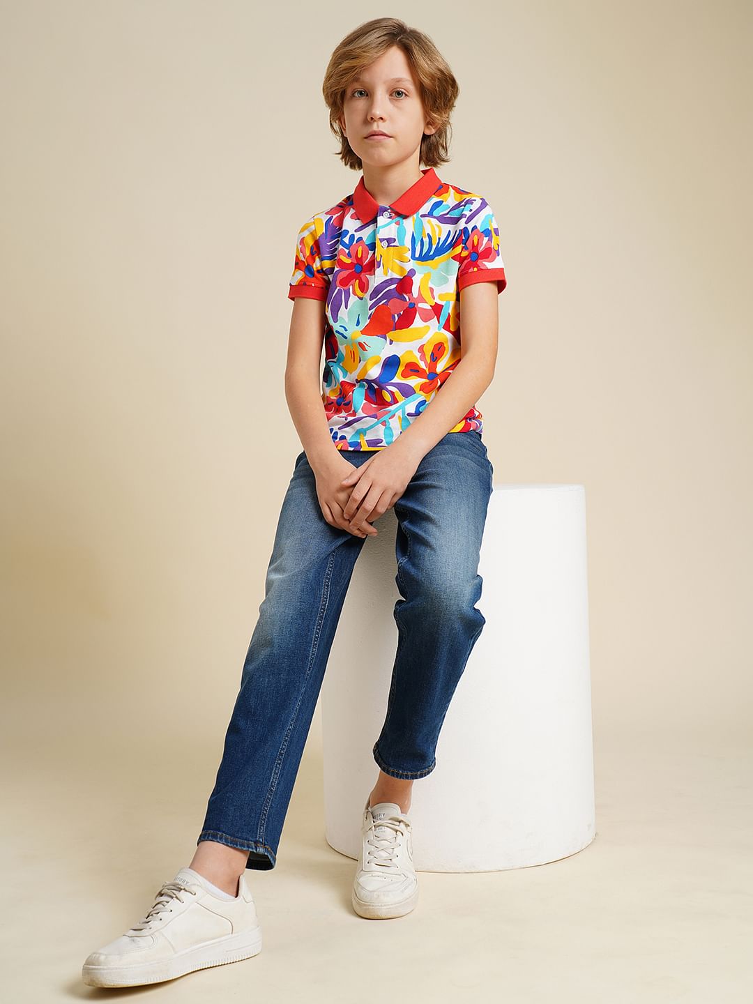 Boys Red Printed Cotton Polo - 4/5Y