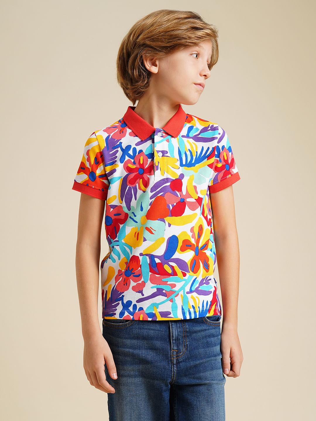 Boys Red Printed Cotton Polo