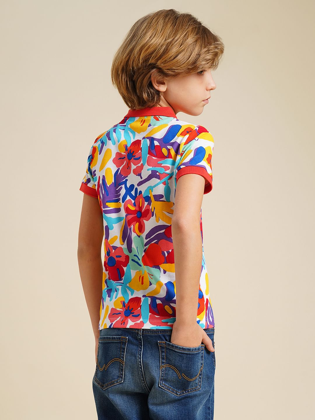 Boys Red Printed Cotton Polo