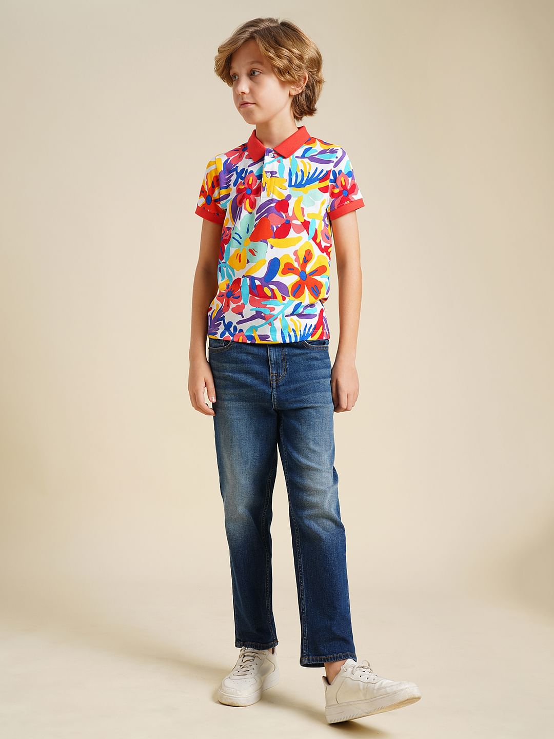 Boys Red Printed Cotton Polo