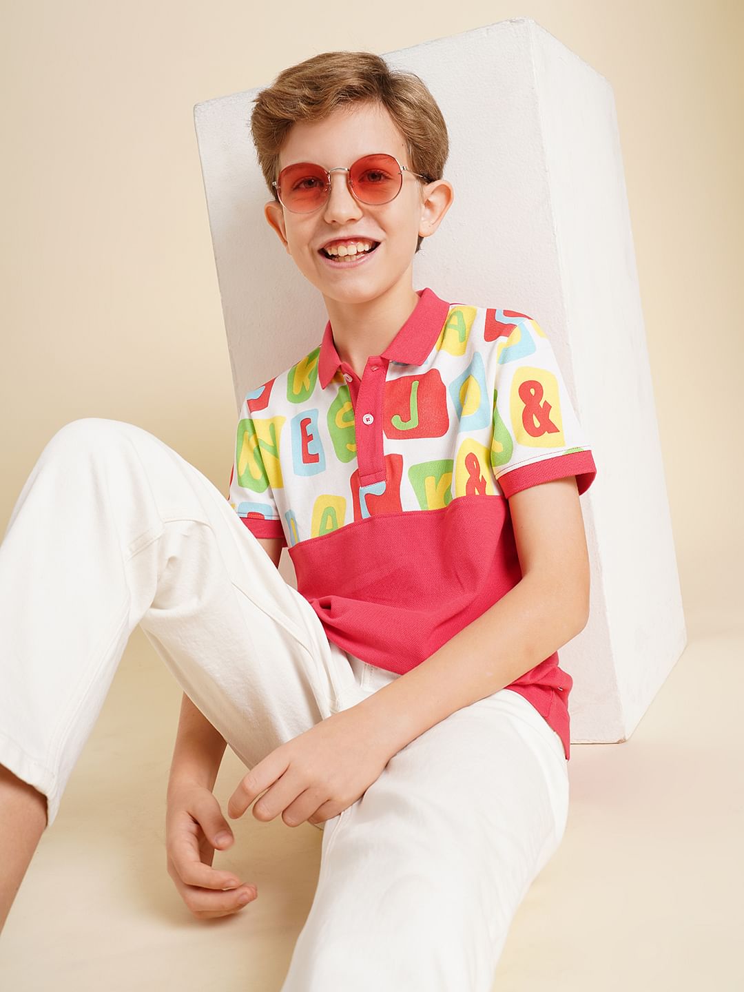 Boys Red Colourblocked Cotton Polo