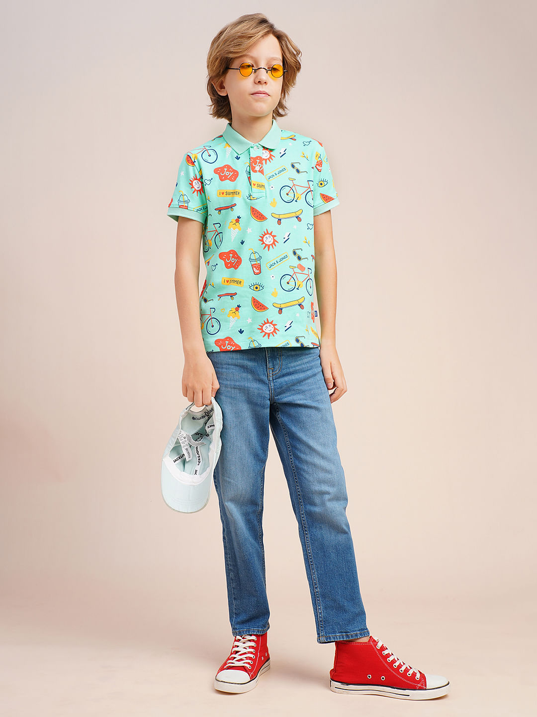 Boys Sea Blue Printed Cotton Polo