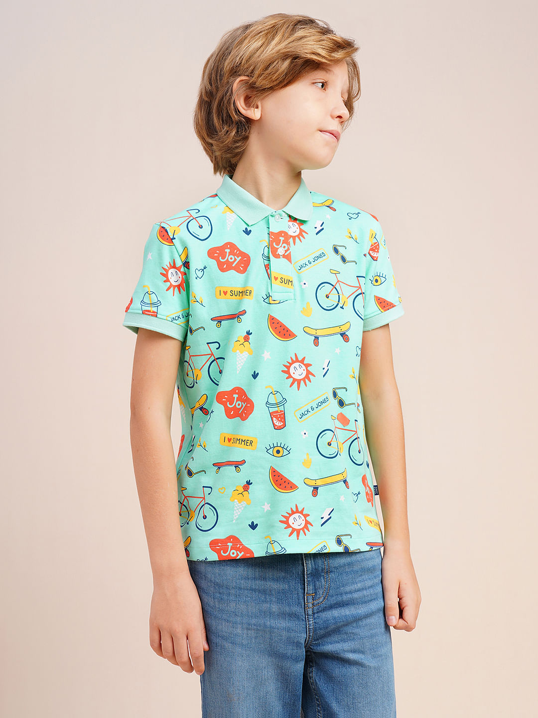 Boys Sea Blue Printed Cotton Polo