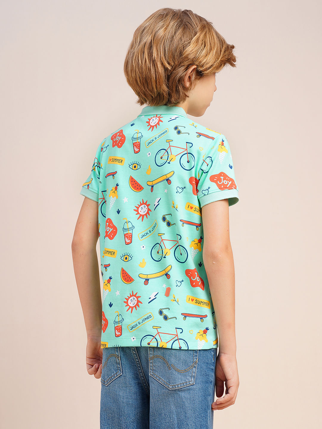 Boys Sea Blue Printed Cotton Polo
