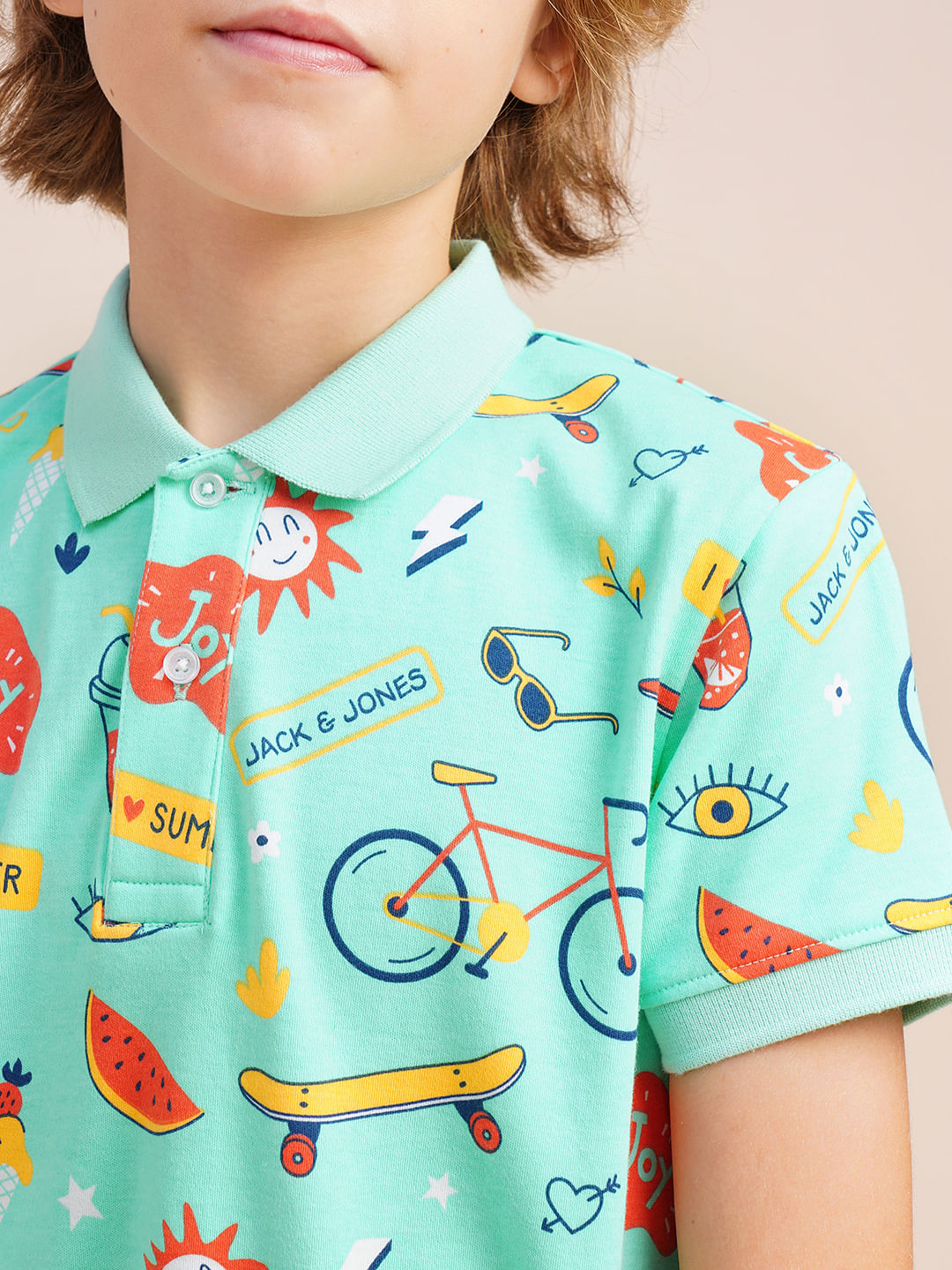 Boys Sea Blue Printed Cotton Polo