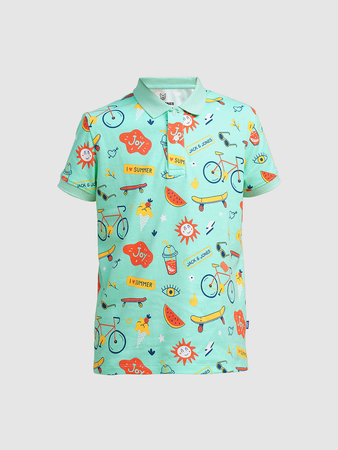Boys Sea Blue Printed Cotton Polo