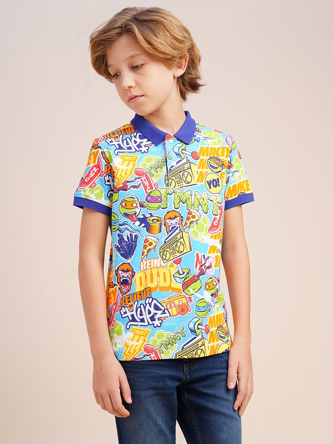 Boys Blue Ninja Turtles Print Polo