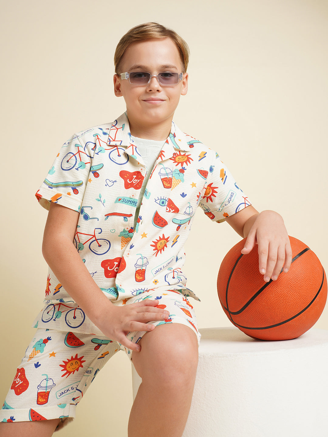 Boys Cotton Printed Resort Collar Shirt In White
