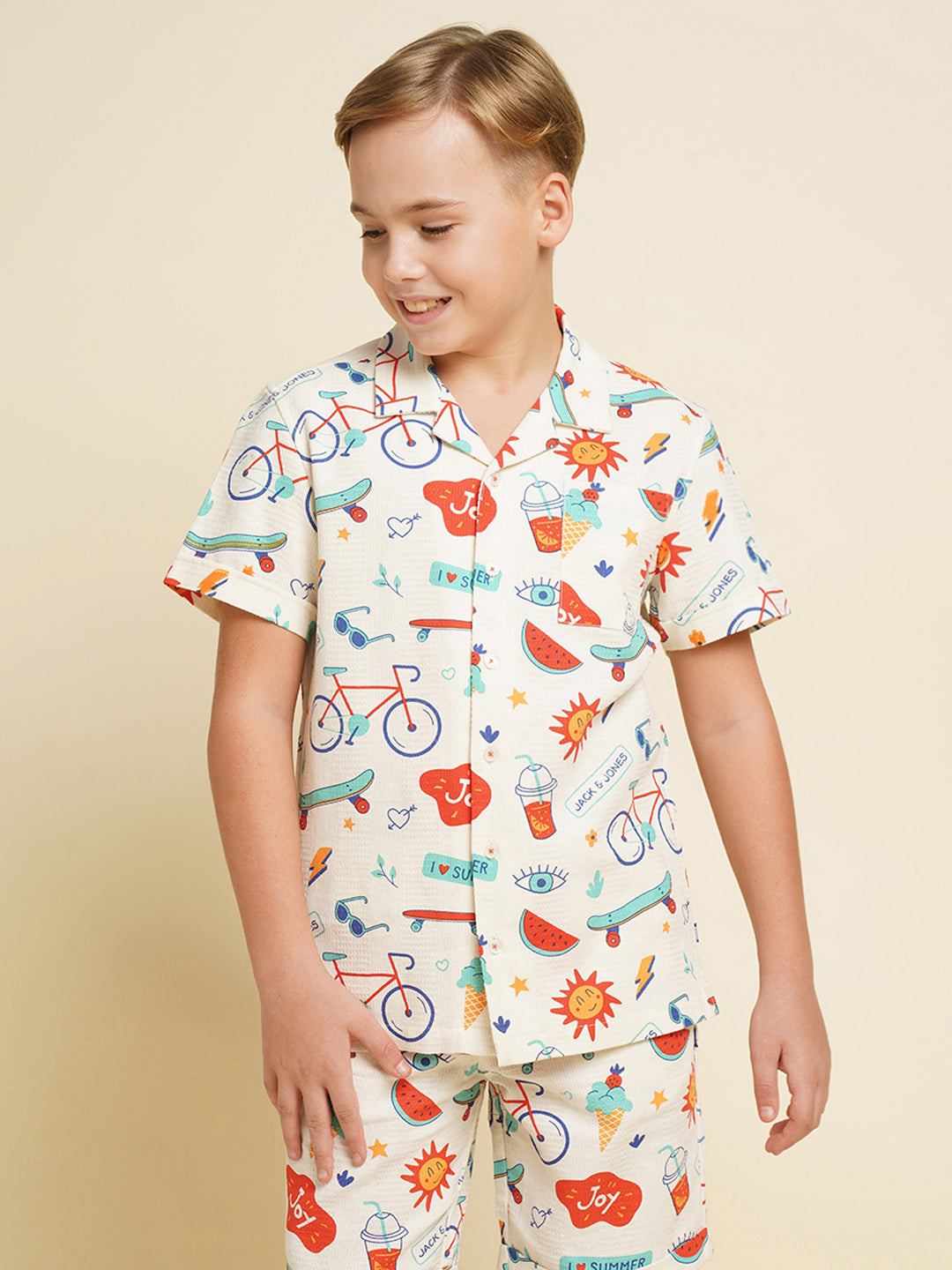 Boys Cotton Printed Resort Collar Shirt In White