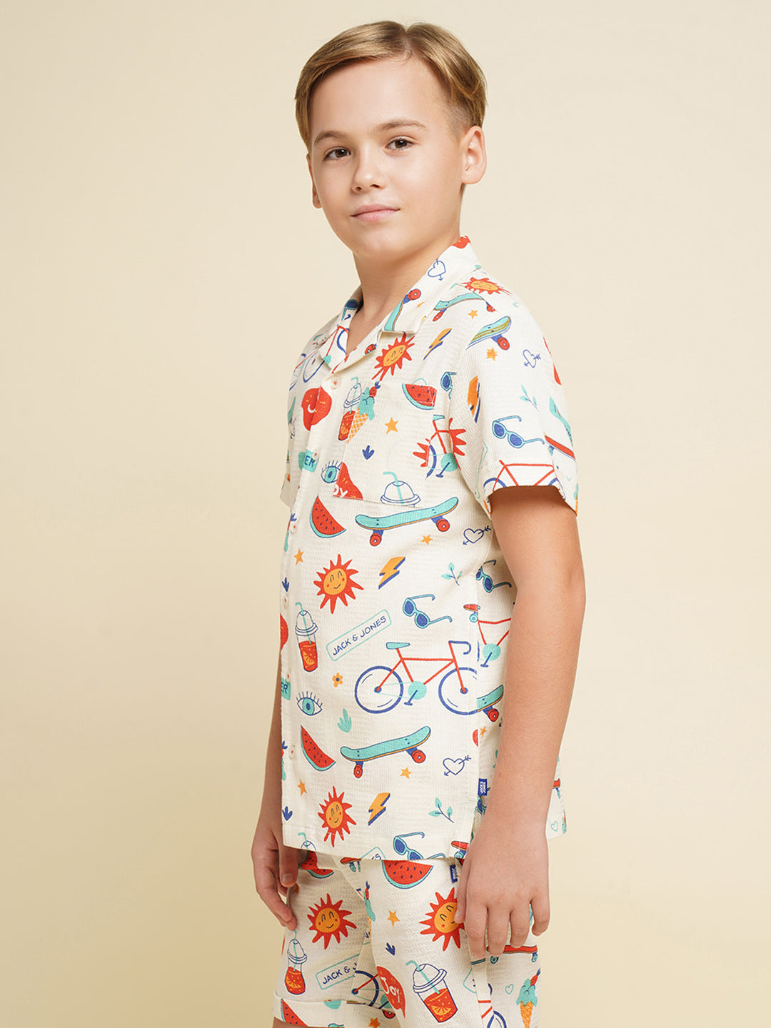 Boys Cotton Printed Resort Collar Shirt In White