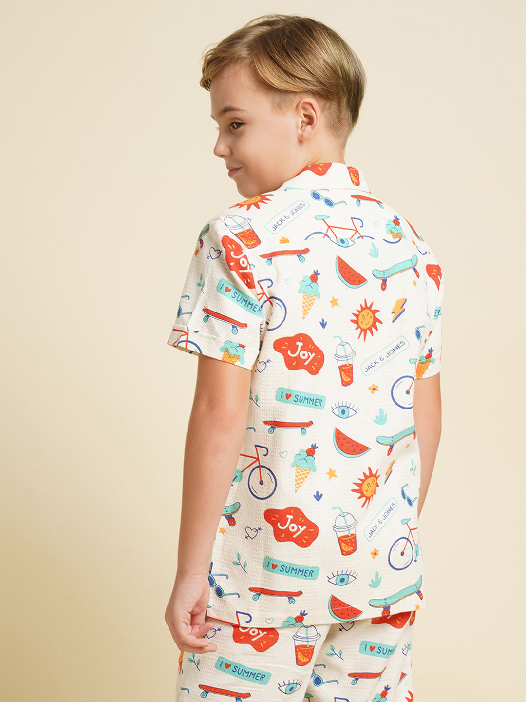 Boys Cotton Printed Resort Collar Shirt In White