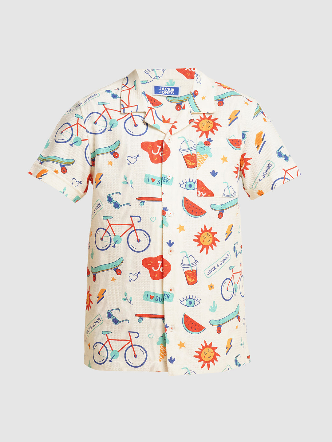 Boys Cotton Printed Resort Collar Shirt In White