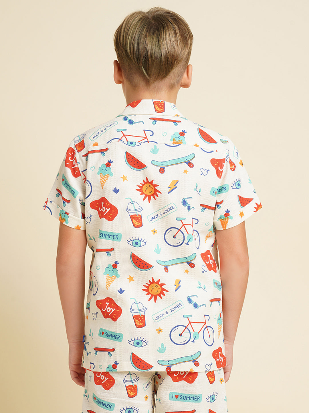 Boys Cotton Printed Resort Collar Shirt In White