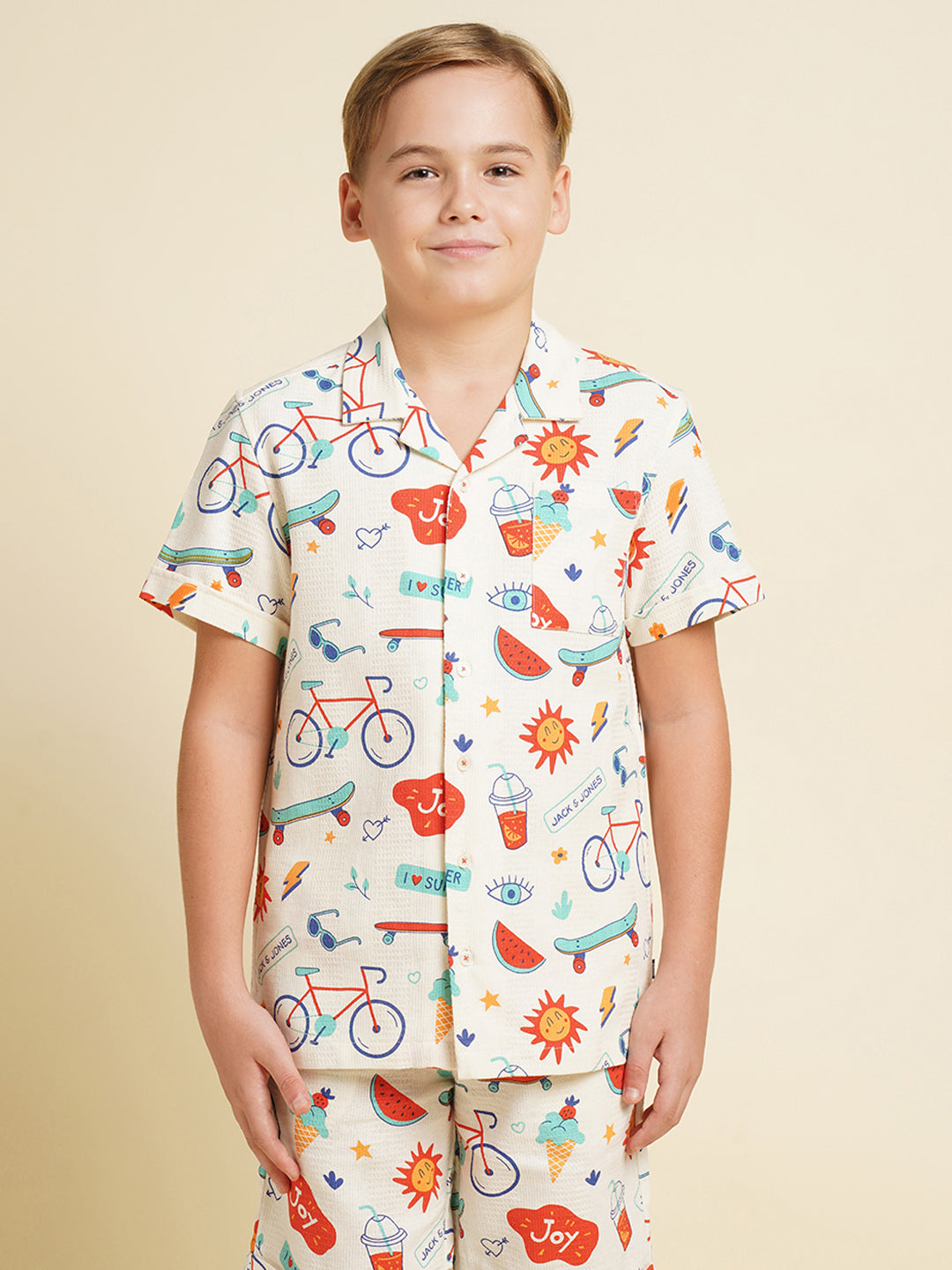 Boys Cotton Printed Resort Collar Shirt In White