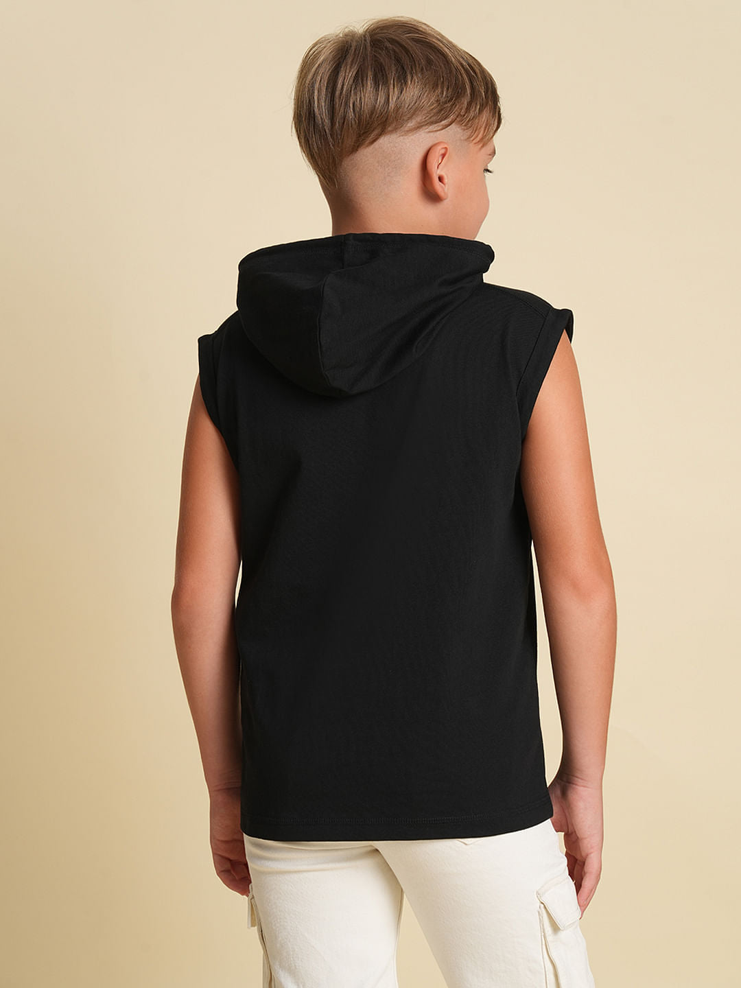 Boys Black Hooded Sleeveless T-shirt
