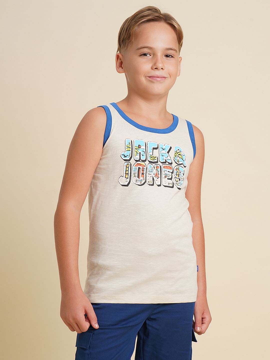 Boys Beige Beach Typo Print T-shirt