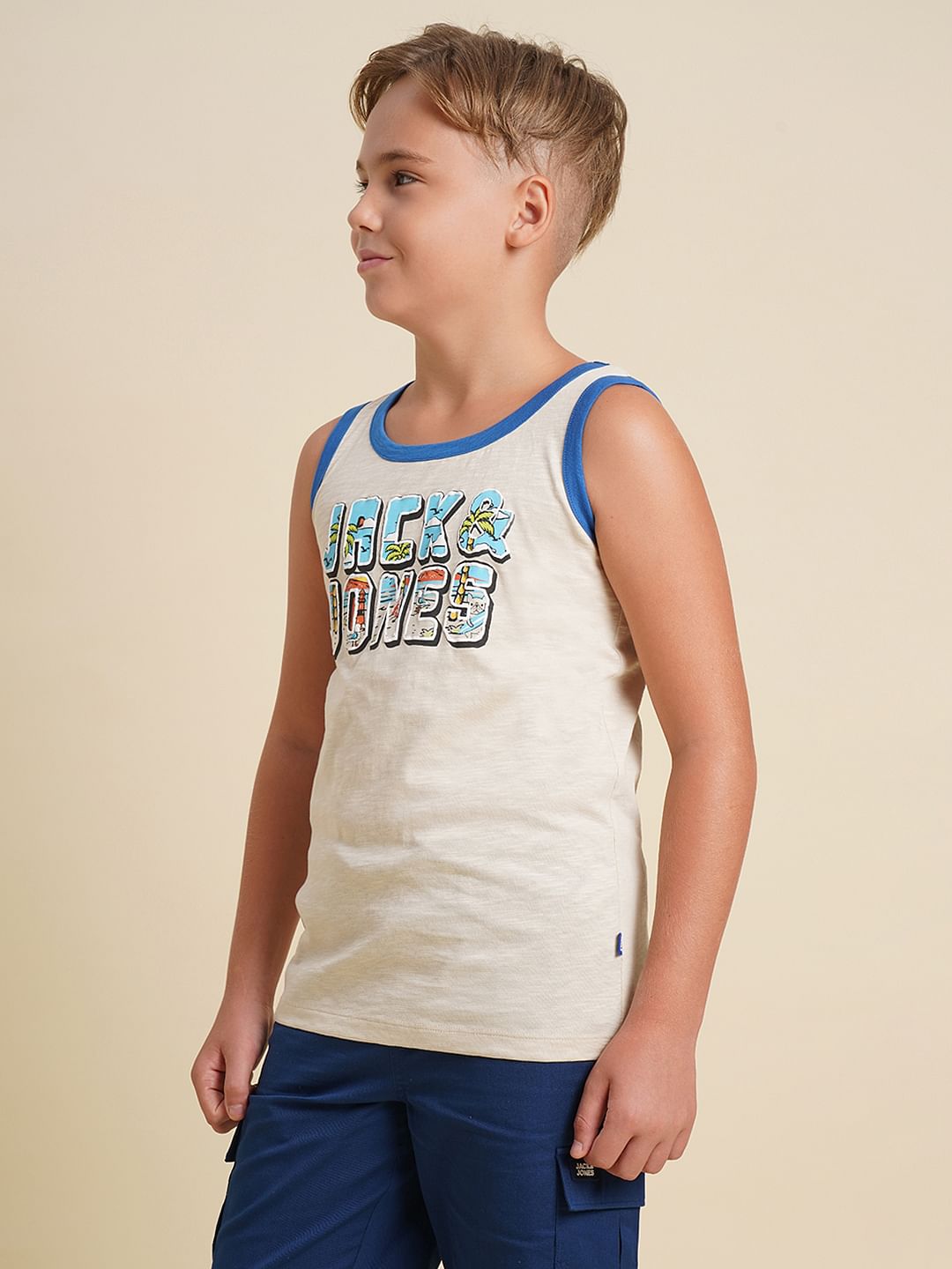 Boys Beige Beach Typo Print T-shirt