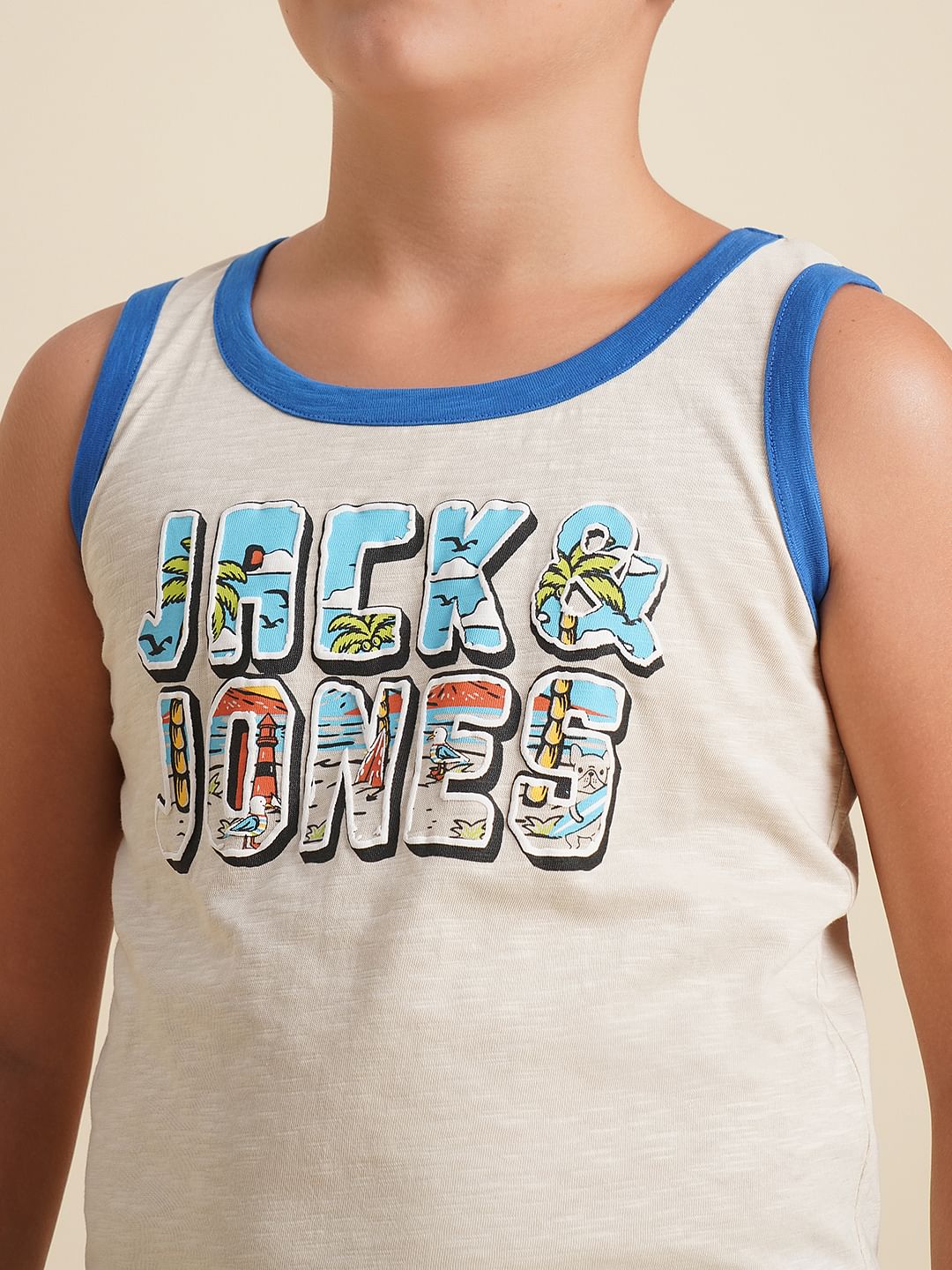 Boys Beige Beach Typo Print T-shirt
