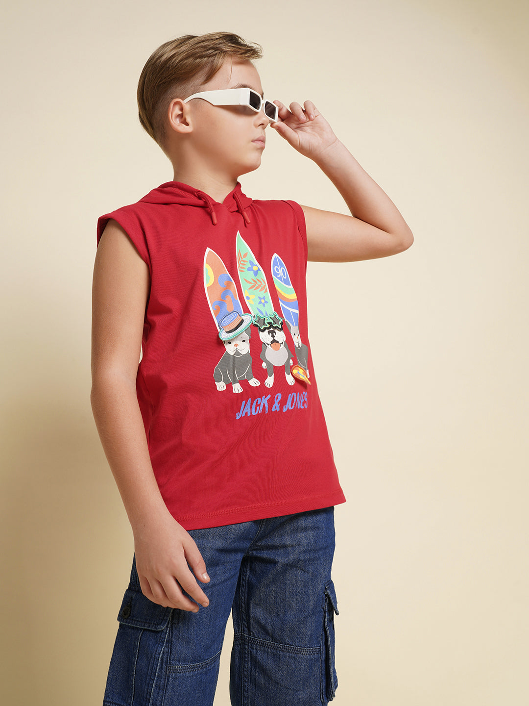 Boys Cotton Hooded Tank Top With Chest Graphic Print In Red