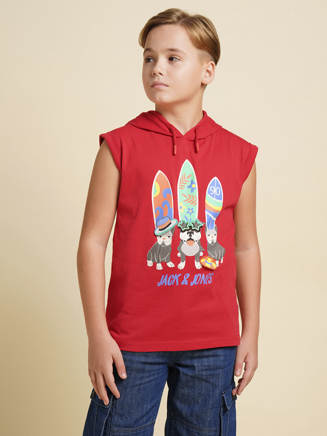 Boys Cotton Hooded Tank Top With Chest Graphic Print In Red