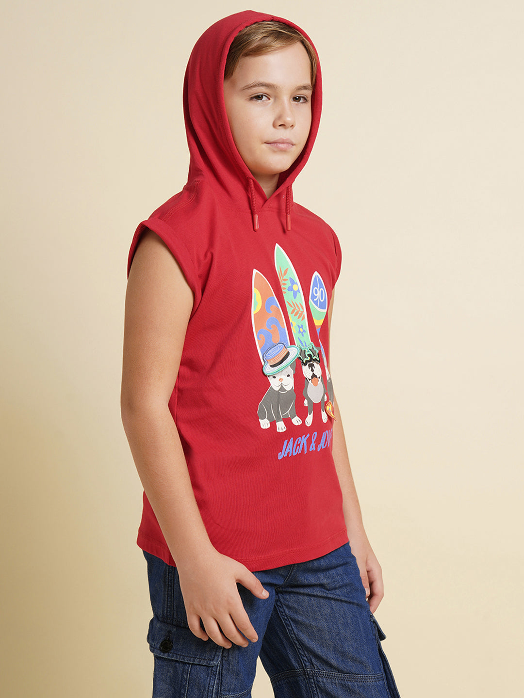 Boys Cotton Hooded Tank Top With Chest Graphic Print In Red
