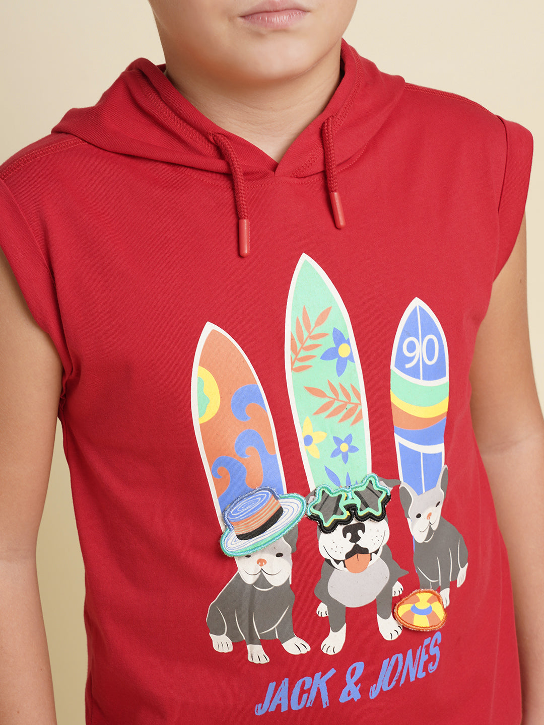 Boys Cotton Hooded Tank Top With Chest Graphic Print In Red