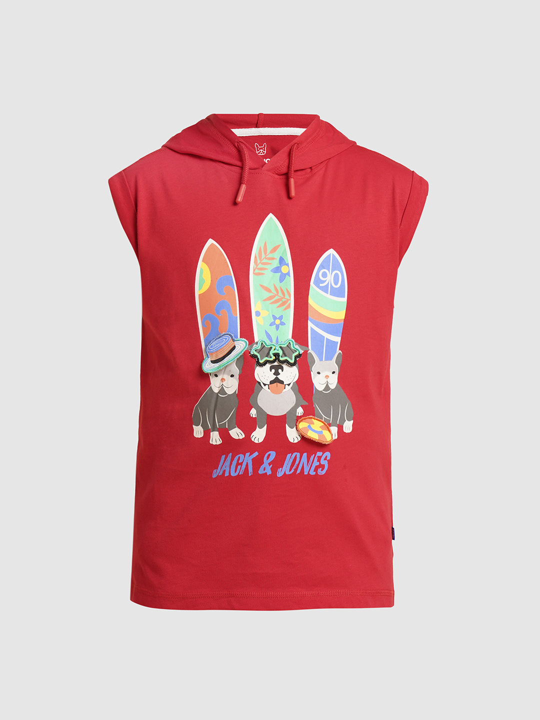 Boys Cotton Hooded Tank Top With Chest Graphic Print In Red