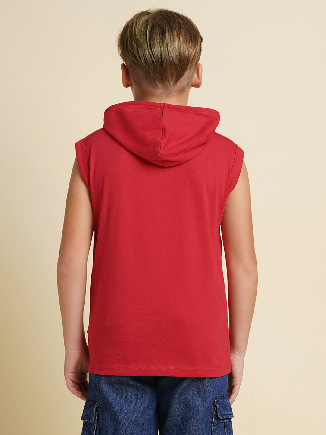 Boys Cotton Hooded Tank Top With Chest Graphic Print In Red
