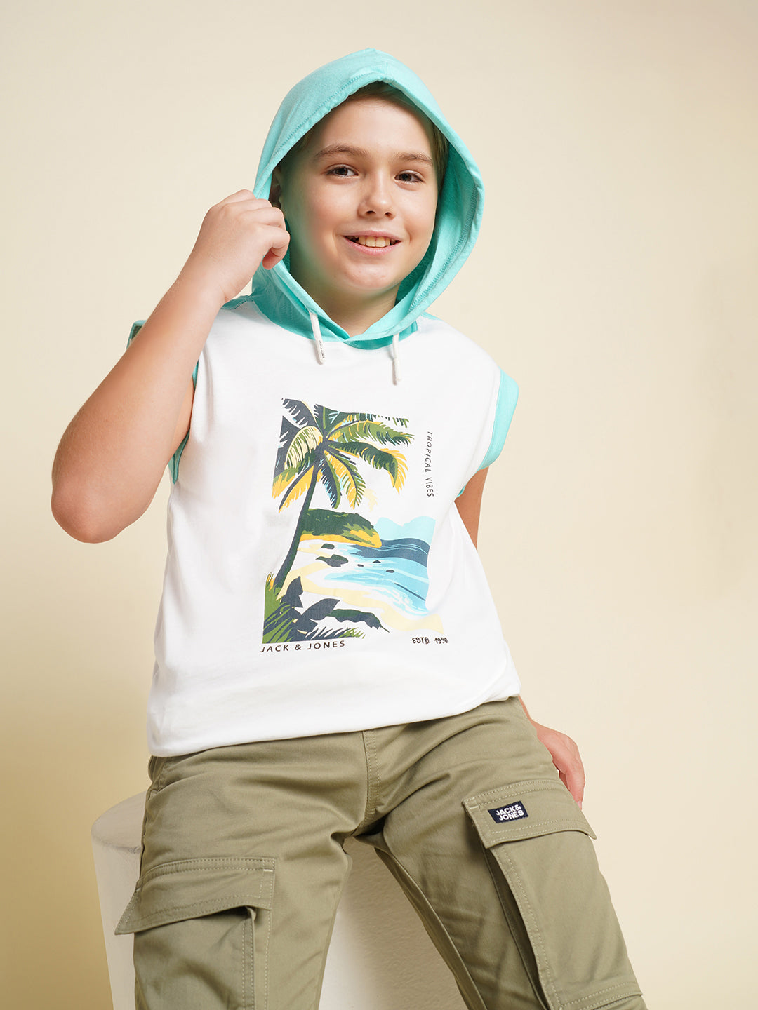 Boys Cotton Hooded Tank Top With Tropical Chest Print - White