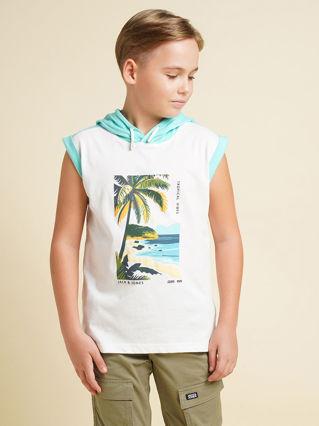 Boys Cotton Hooded Tank Top With Tropical Chest Print - White