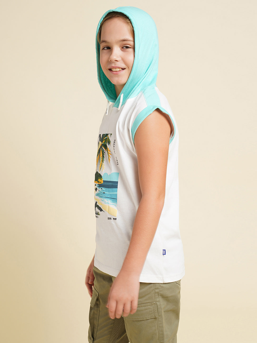 Boys Cotton Hooded Tank Top With Tropical Chest Print - White