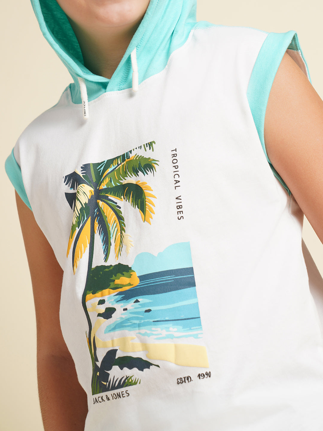 Boys Cotton Hooded Tank Top With Tropical Chest Print - White