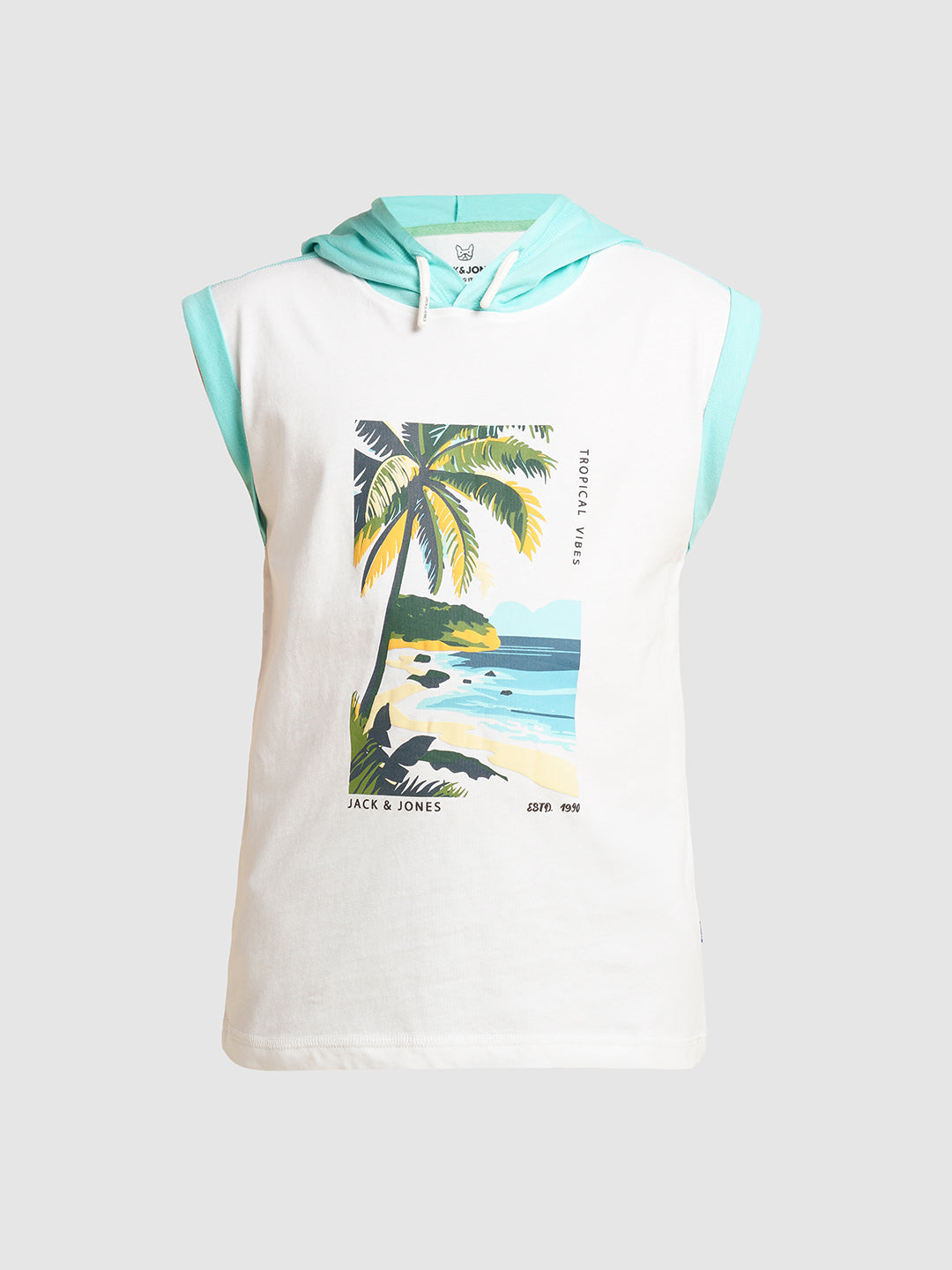Boys Cotton Hooded Tank Top With Tropical Chest Print - White