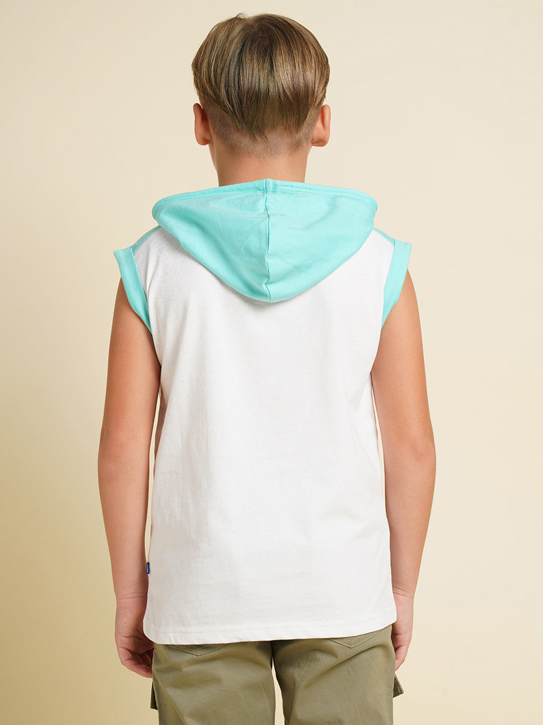 Boys Cotton Hooded Tank Top With Tropical Chest Print - White