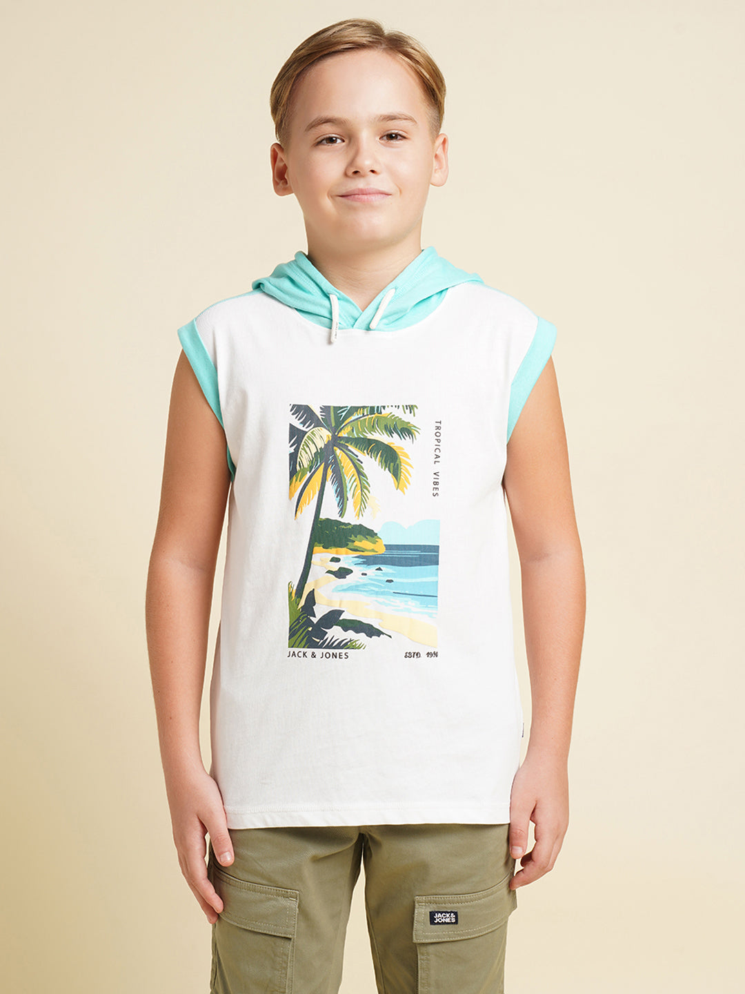 Boys Cotton Hooded Tank Top With Tropical Chest Print - White