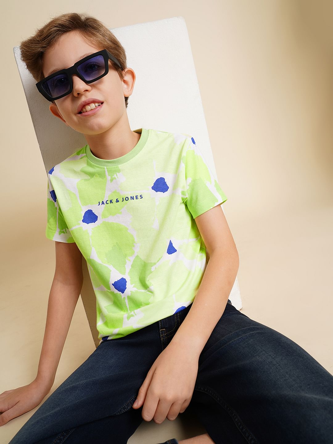 Boys Green Printed Cotton T-shirt