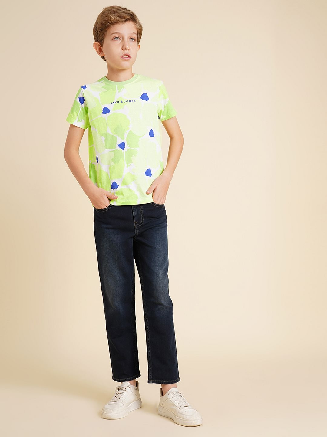 Boys Green Printed Cotton T-shirt