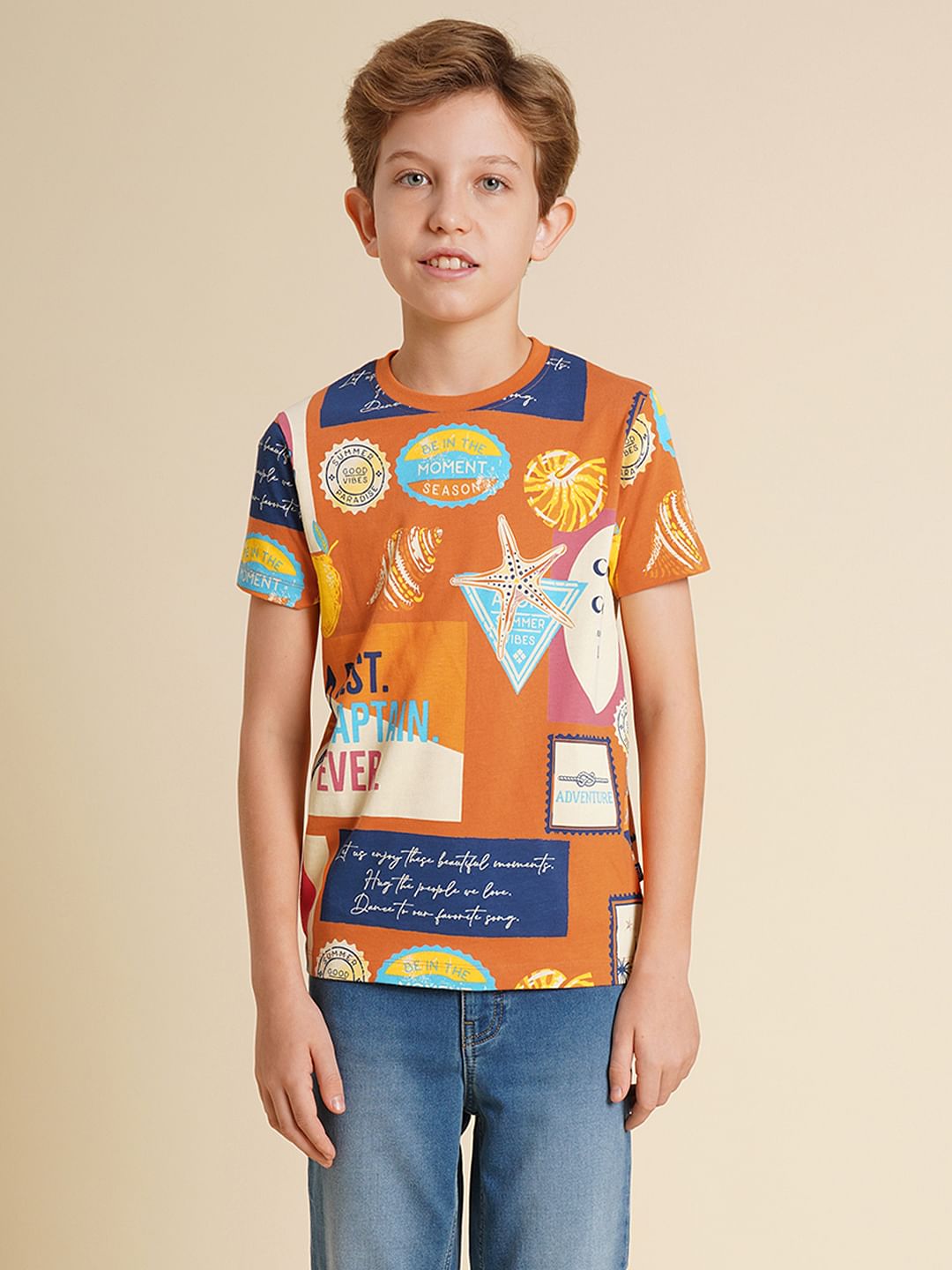 Boys Orange Printed Cotton T-Shirt