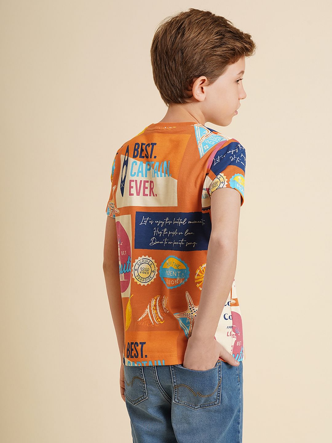 Boys Orange Printed Cotton T-Shirt