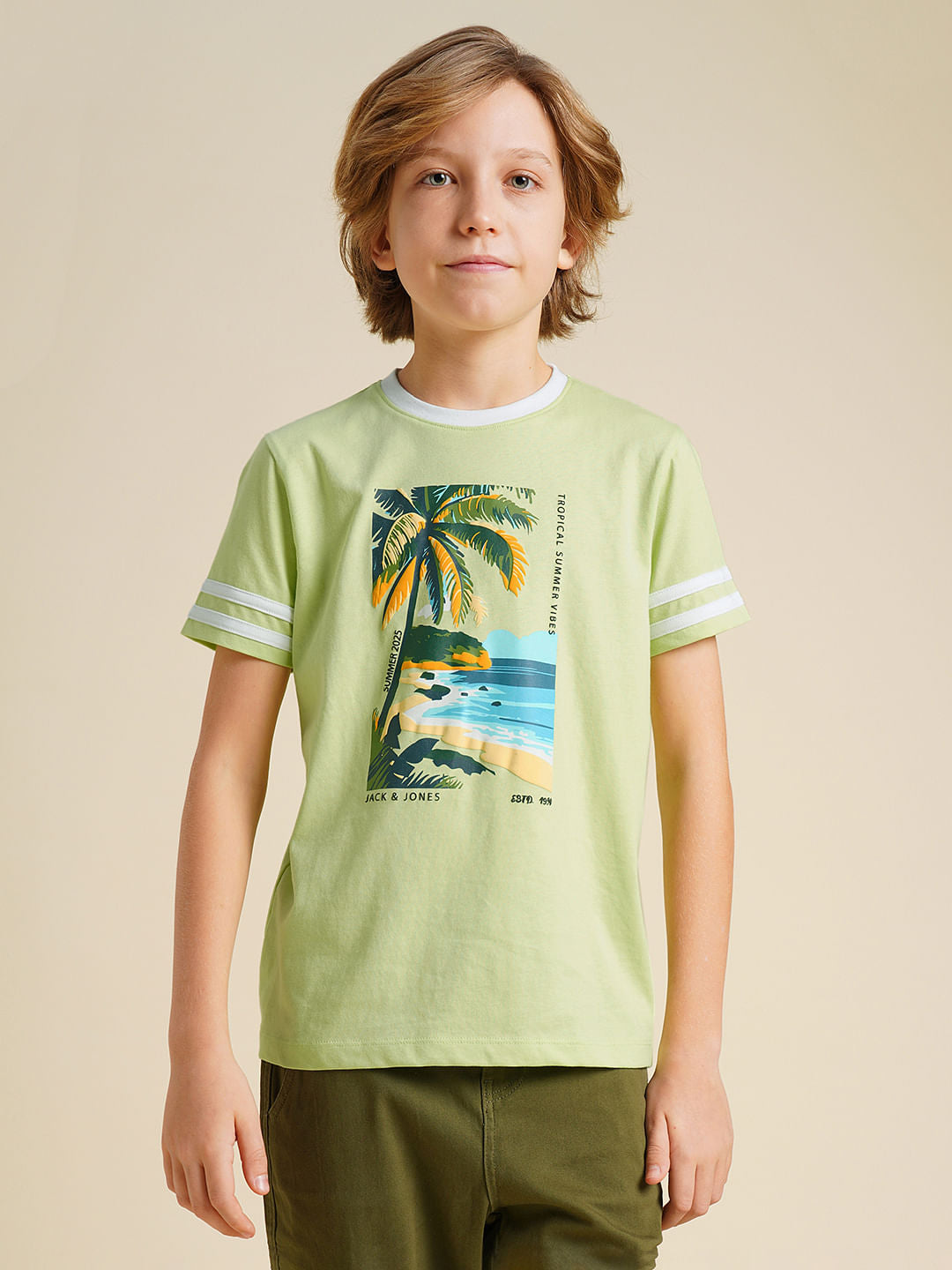 Boys Green Printed Cotton T-shirt