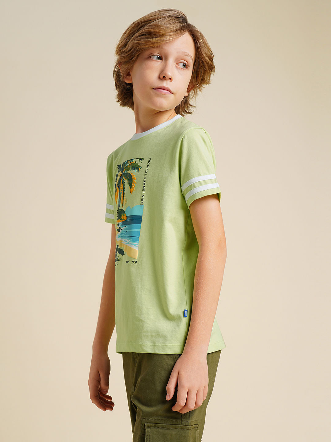 Boys Green Printed Cotton T-shirt