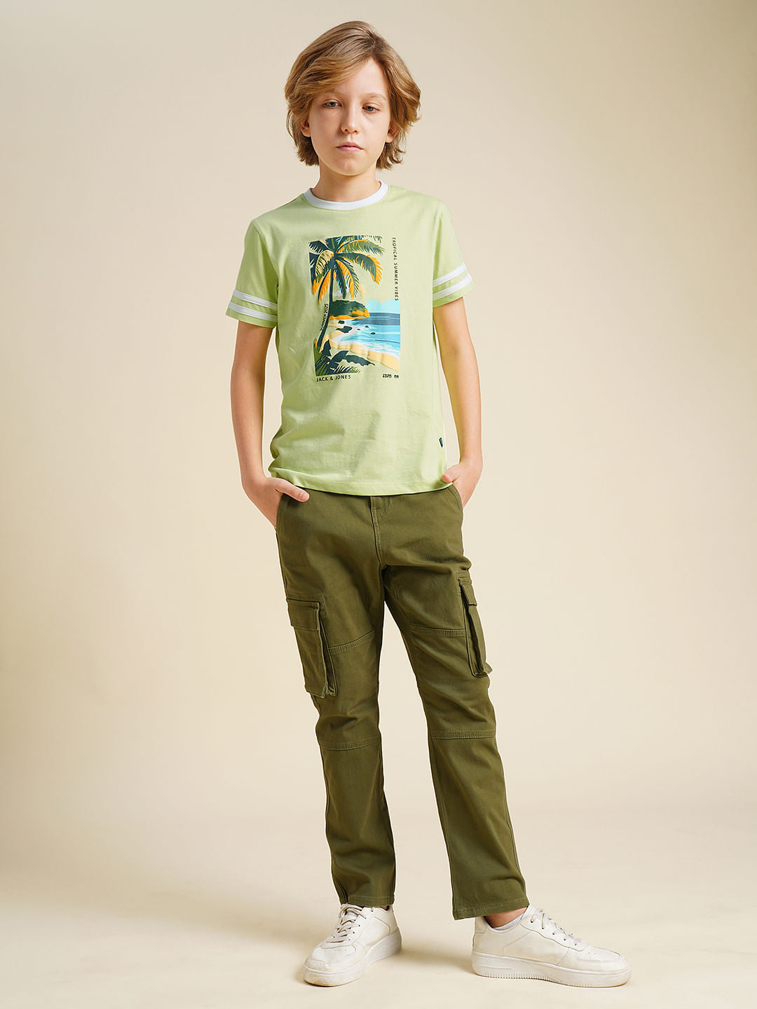 Boys Green Printed Cotton T-shirt