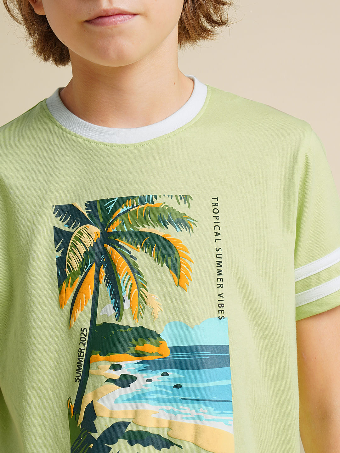 Boys Green Printed Cotton T-shirt