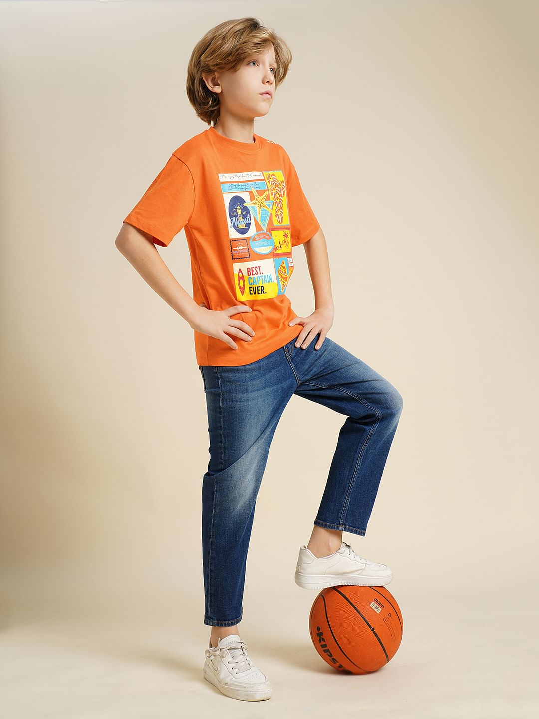 Boys Orange Printed Cotton T-shirt